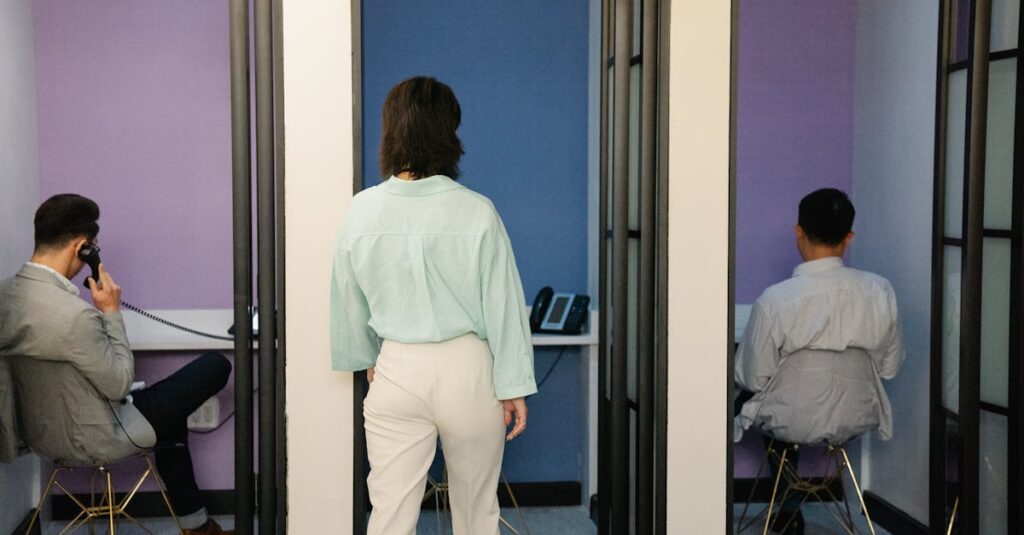 一人で集中して作業できる完全個室のオフィスブースで働く様子